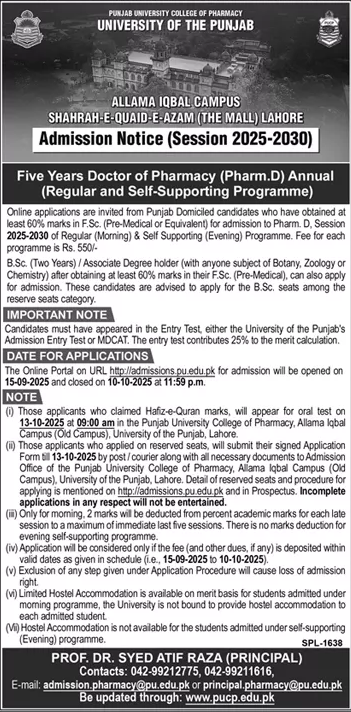 Admission Open in University of the Punjab